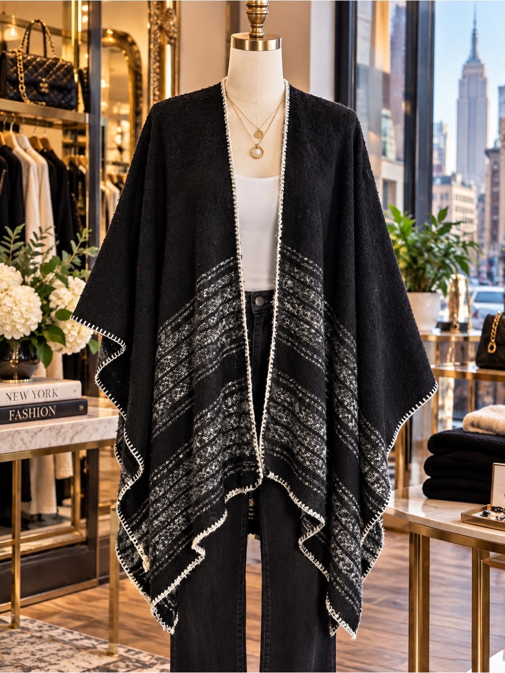 madden girl Striped Poncho in Black & Grey